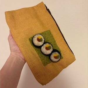 Handmade Yellow Burlap Clutch with Sushi Design - like new!